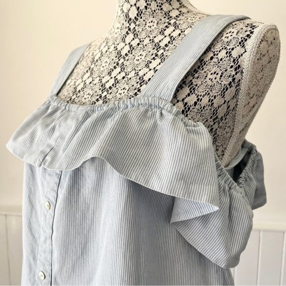 Twig Blue & White Striped Boho Ruffled Cold Shoulder Tank Top Size M - Picture 4 of 10